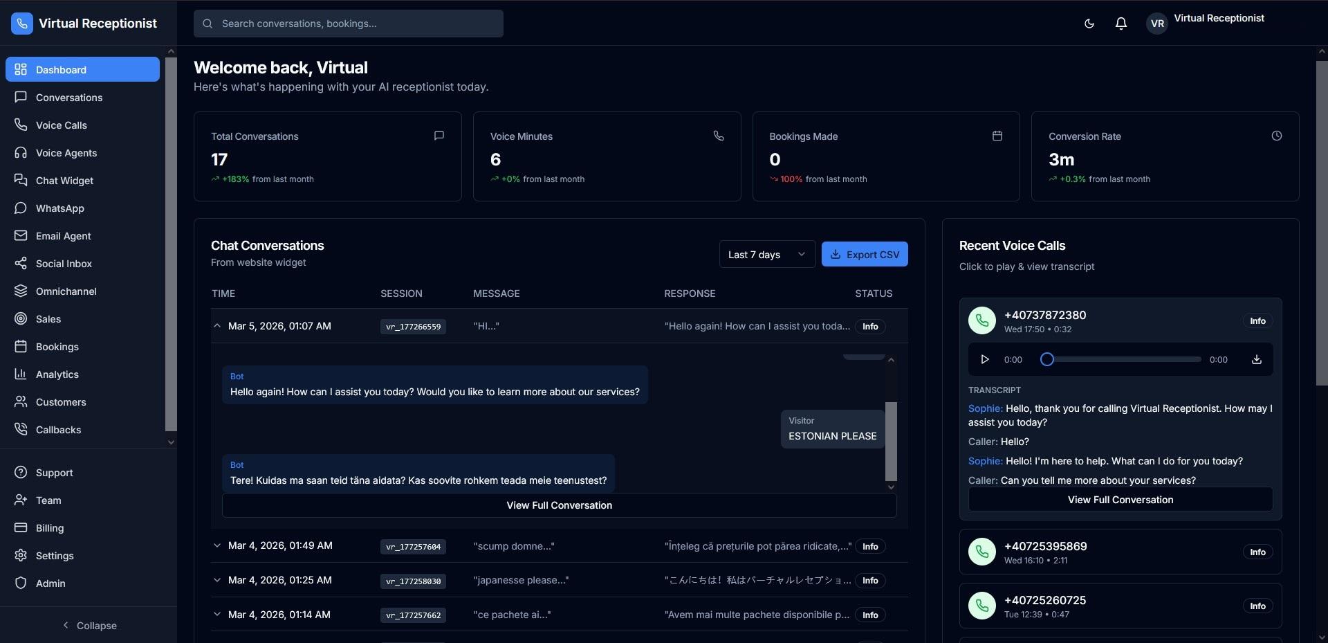 Dashboard with conversations