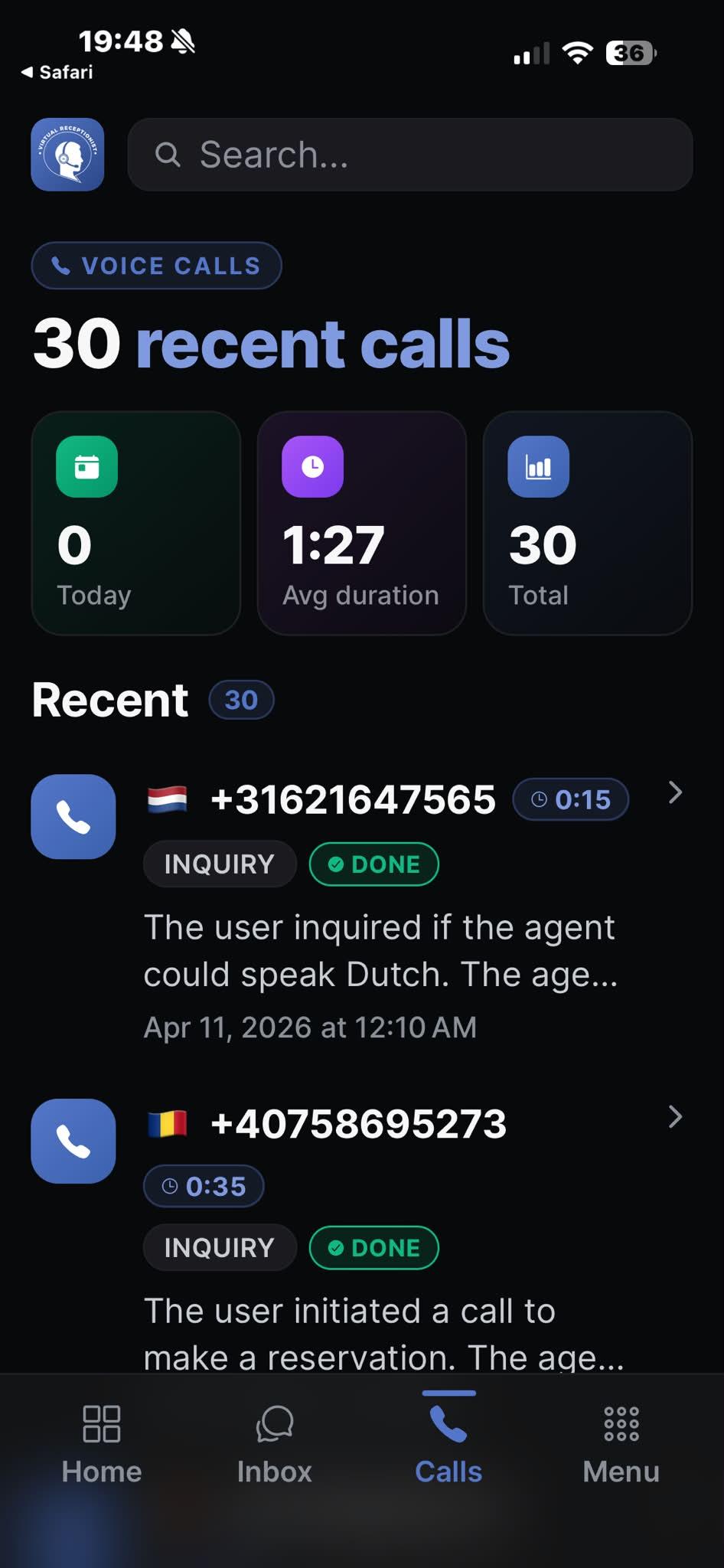 Virtual Receptionist app — Voice Calls